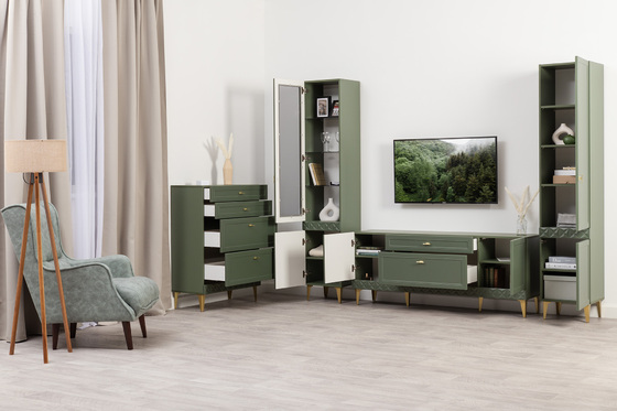 Гостиная Марион композиция 1 дымчатый зеленый K521, олива шагрень AG 1050 ПВХ, белый PE шагрень (собирается на любую сторону)