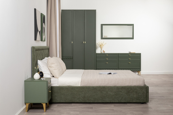 Комод Марион 16.256 дымчатый зеленый K521, олива шагрень AG 1050 ПВХ, белый PE шагрень