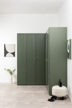 Шкаф-пенал Марион 16.340.01 дымчатый зеленый K521, олива шагрень AG 1050 ПВХ (собирается на любую сторону)