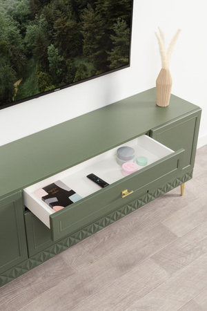 Гостиная Марион композиция 1 дымчатый зеленый K521, олива шагрень AG 1050 ПВХ, белый PE шагрень (собирается на любую сторону)