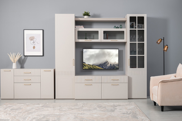 Гостиная Ричфорд композиция 2 без карнизов, кашемир 5981 BS, моно керамика D166-2 ПВХ, белый PE шагрень (собирается на любую сторону)