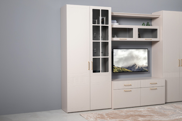 Гостиная Ричфорд композиция 1 без карнизов, кашемир 5981 BS, моно керамика D166-2 ПВХ, белый PE шагрень (собирается на любую сторону)